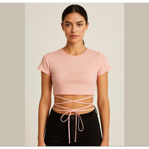 H&M Tie-detail Crop Top cotton powder pink Sz L